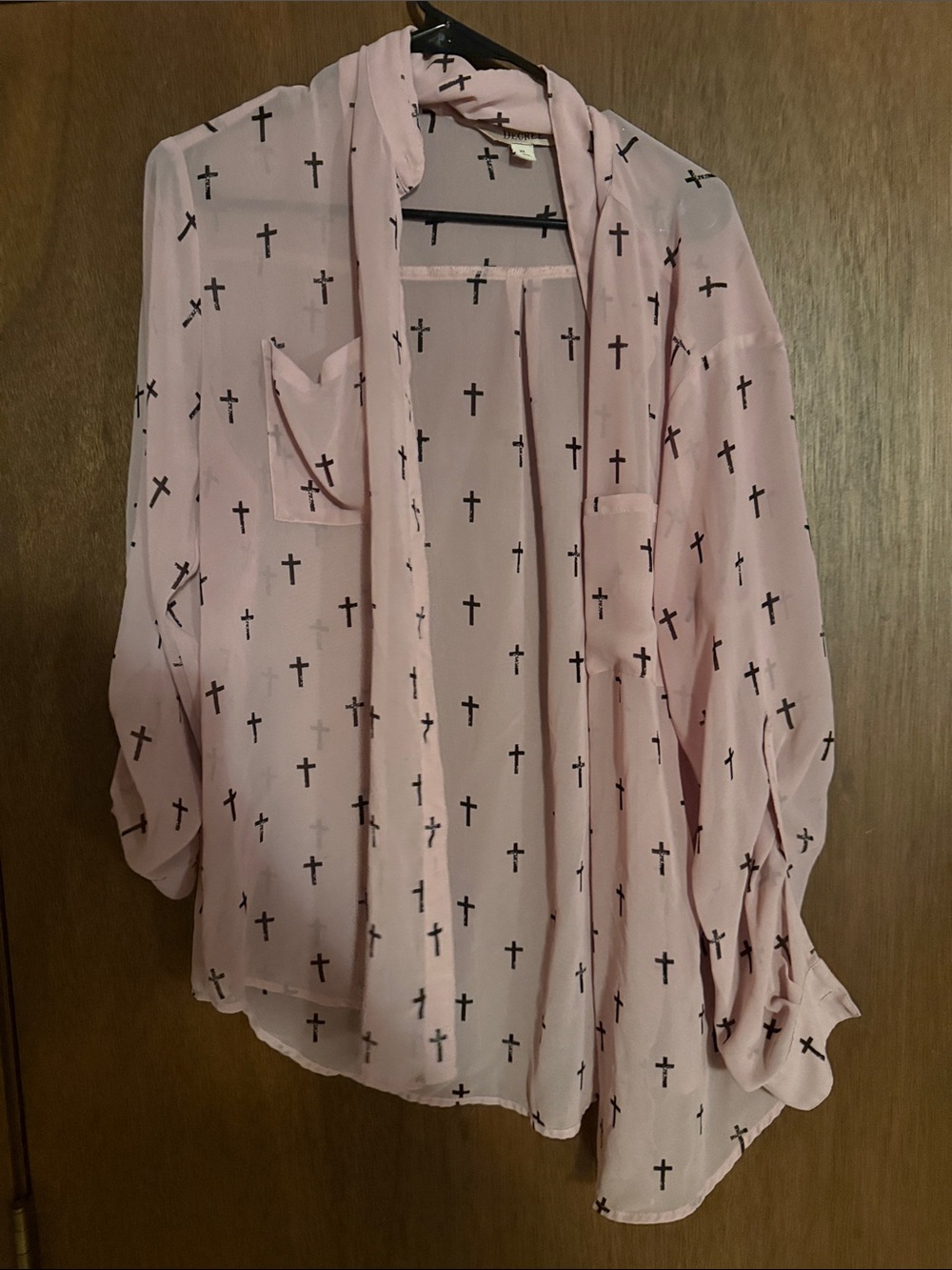 Decree Pink Chiffon Button-Down Blouse with Black Cross Print